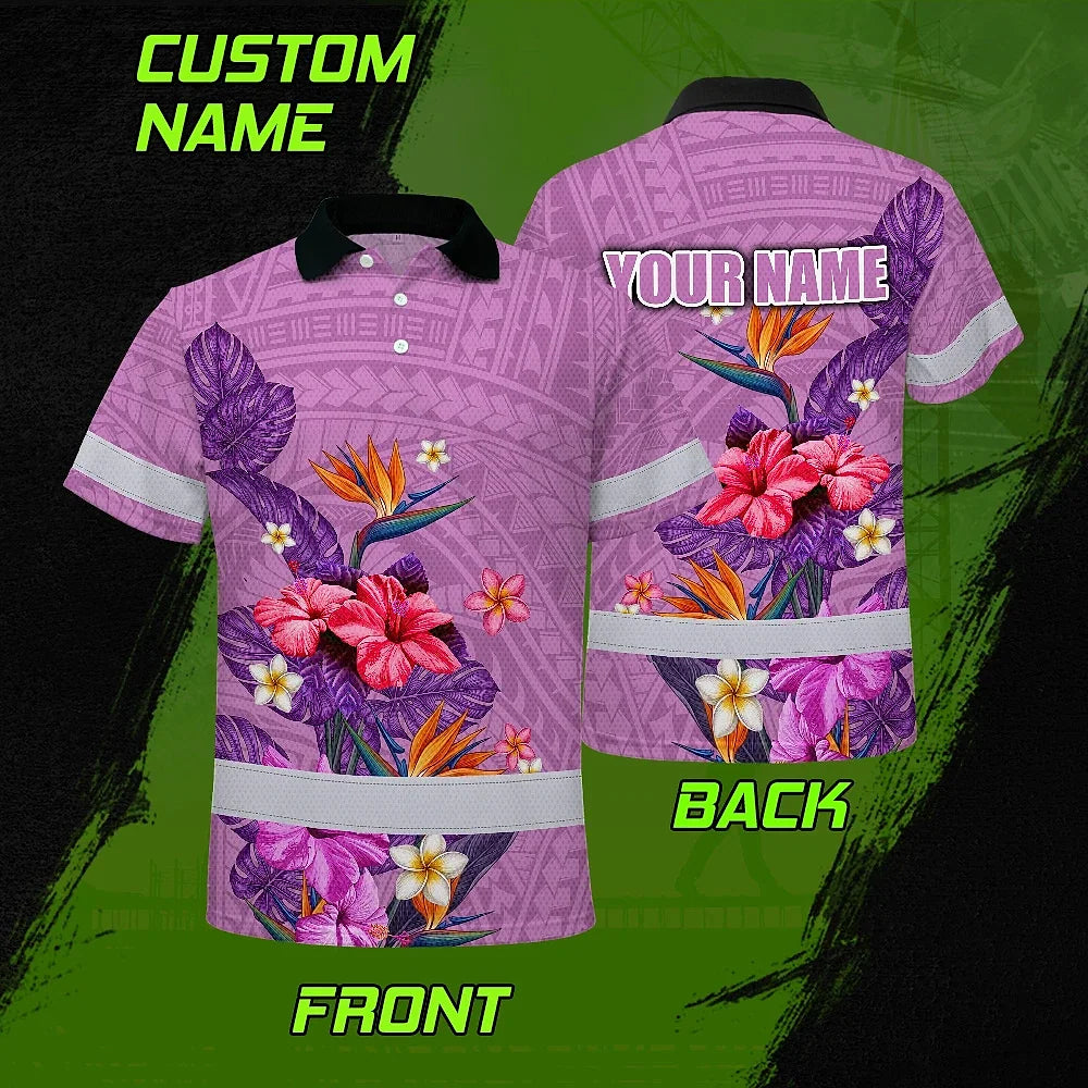 Hi Vis Polo Shirt Reflective Tapes Violet Neon Polynesian And Flowers Custom Name Safety Workwear For Workers, Truckers, Operators