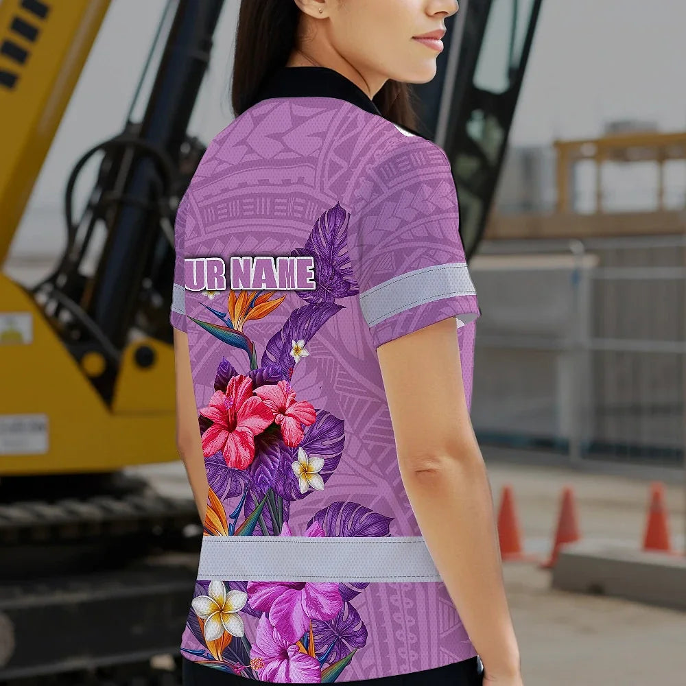 Hi Vis Polo Shirt Reflective Tapes Violet Neon Polynesian And Flowers Custom Name Safety Workwear For Workers, Truckers, Operators
