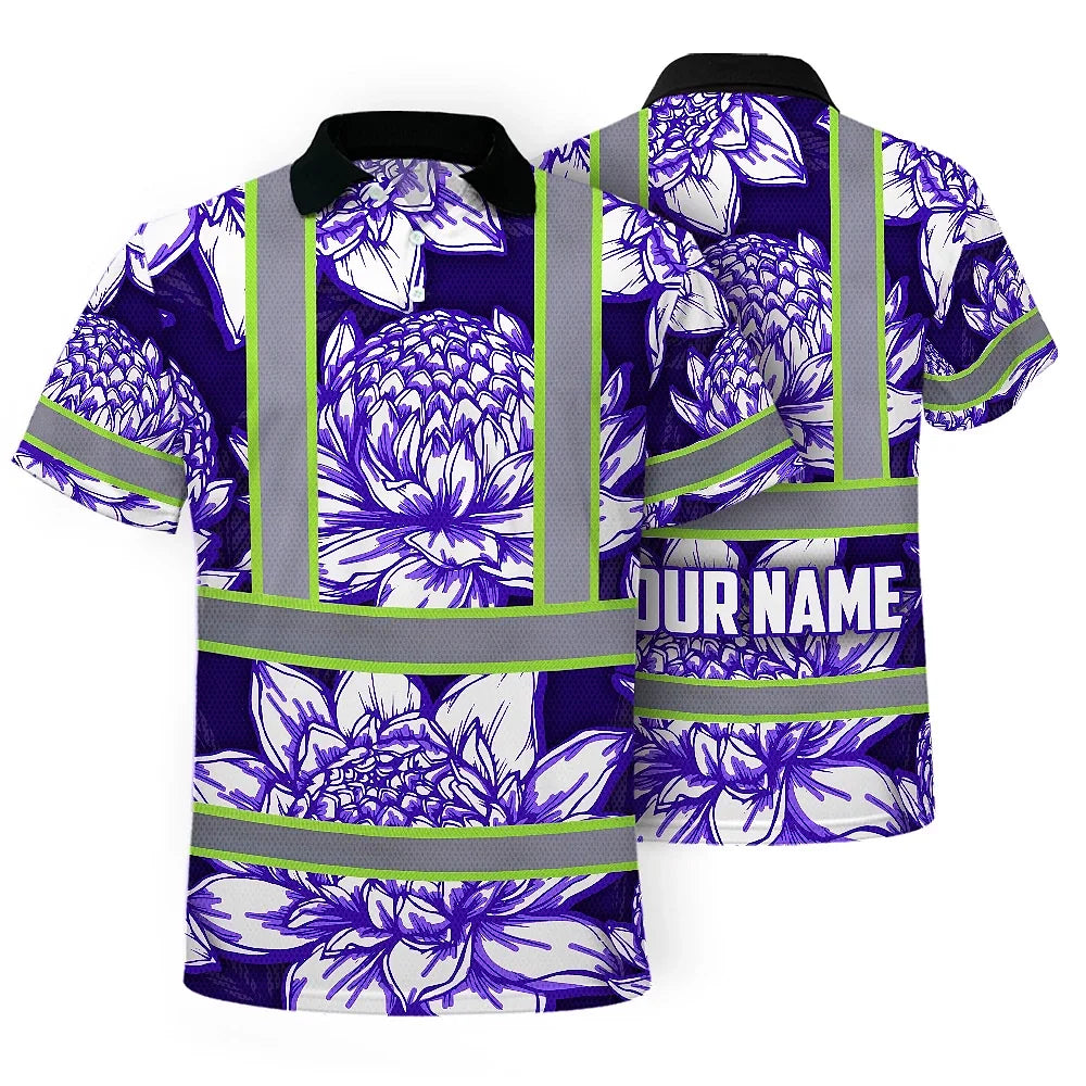 Hi Vis Polo Shirt Reflective Tapes Violet Neon White Protea Custom Name Safety Workwear For Workers, Truckers, Operators