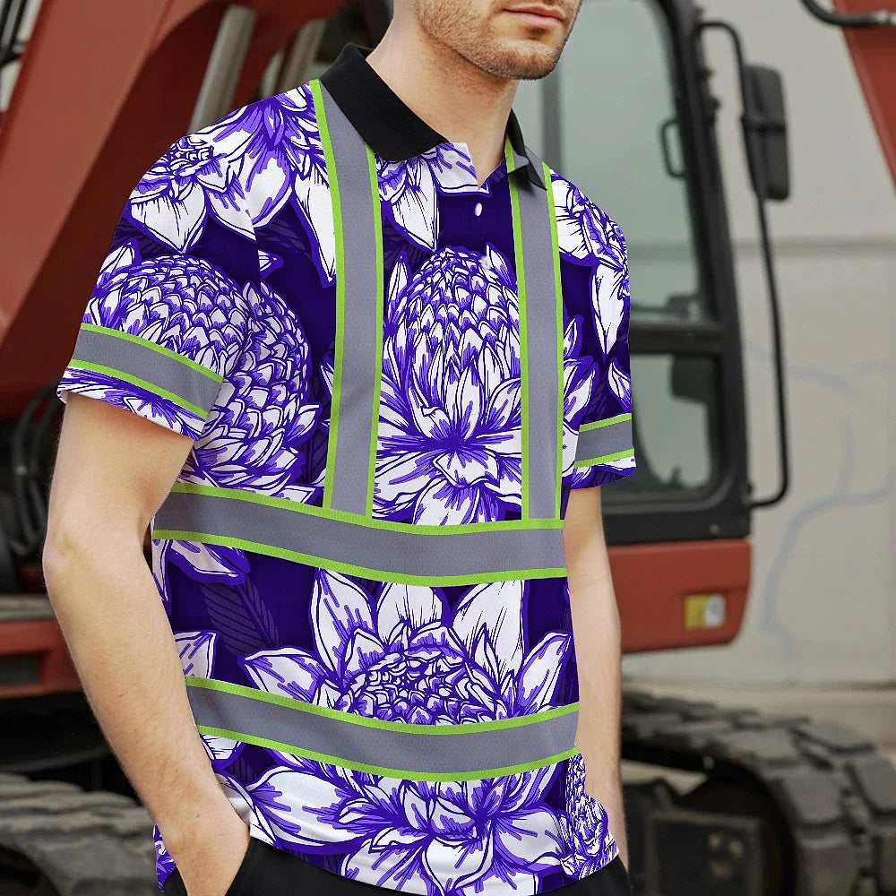 Hi Vis Polo Shirt Reflective Tapes Violet Neon White Protea Custom Name Safety Workwear For Workers, Truckers, Operators