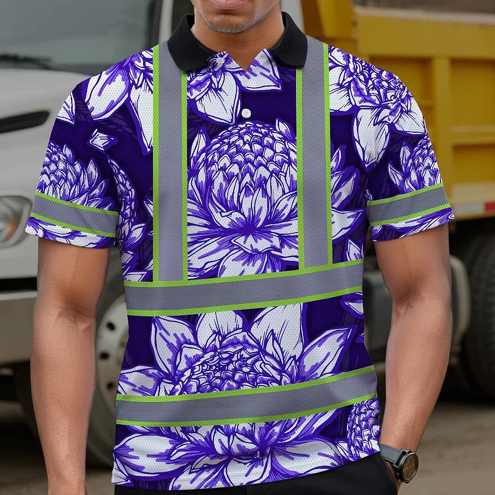 Hi Vis Polo Shirt Reflective Tapes Violet Neon White Protea Custom Name Safety Workwear For Workers, Truckers, Operators