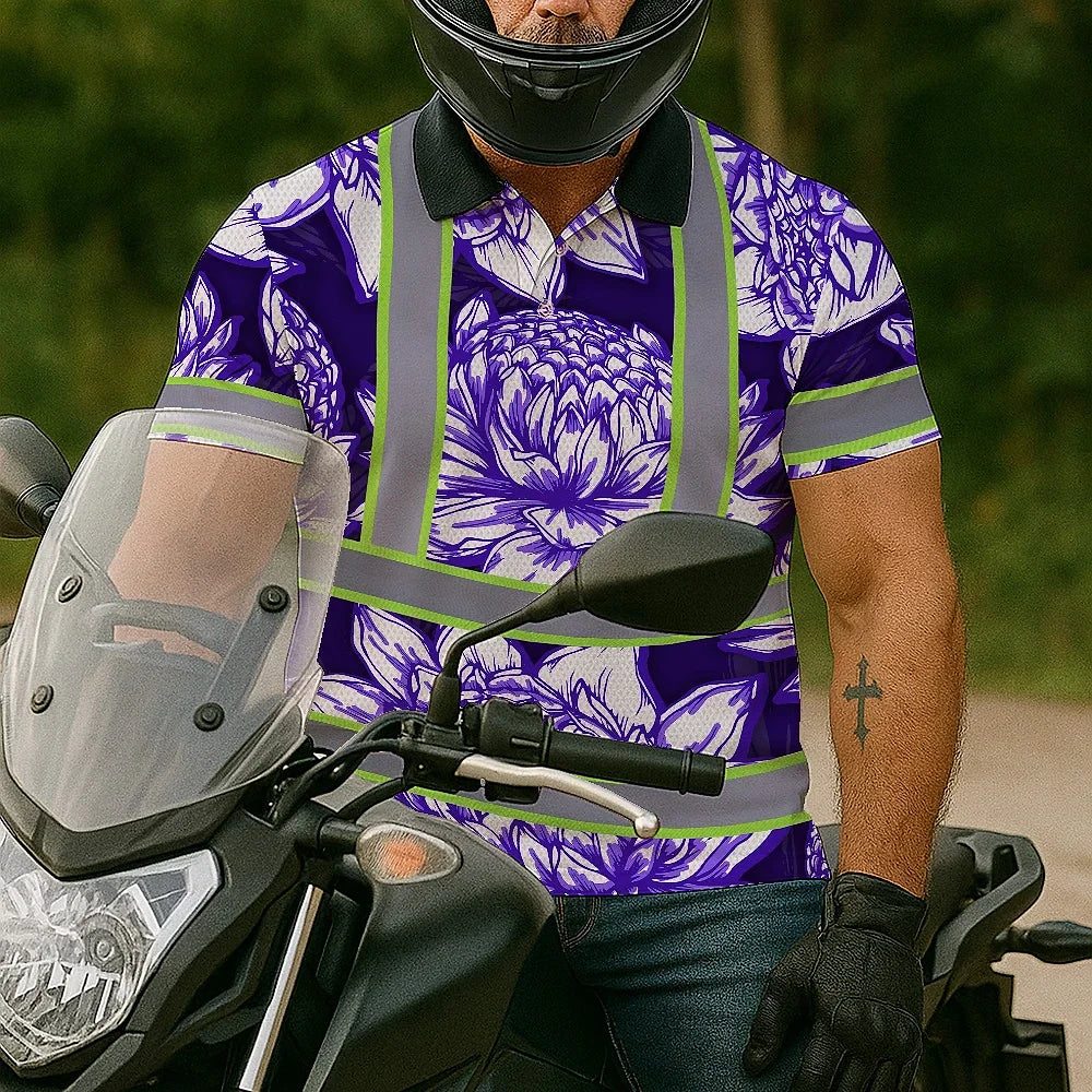 Hi Vis Polo Shirt Reflective Tapes Violet Neon White Protea Custom Name Safety Workwear For Workers, Truckers, Operators