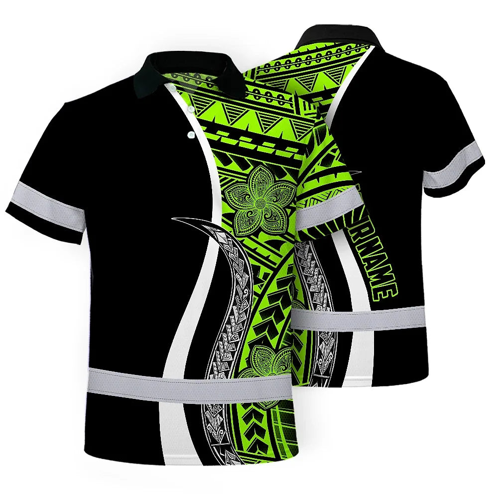 Hi Vis Polo Shirt Reflective Tapes White Green Polynesian Tribal Custom Name Safety Workwear For Workers, Truckers, Operators