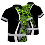 Hi Vis Polo Shirt Reflective Tapes White Green Polynesian Tribal Custom Name Safety Workwear For Workers, Truckers, Operators