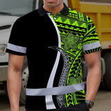 Hi Vis Polo Shirt Reflective Tapes White Green Polynesian Tribal Custom Name Safety Workwear For Workers, Truckers, Operators