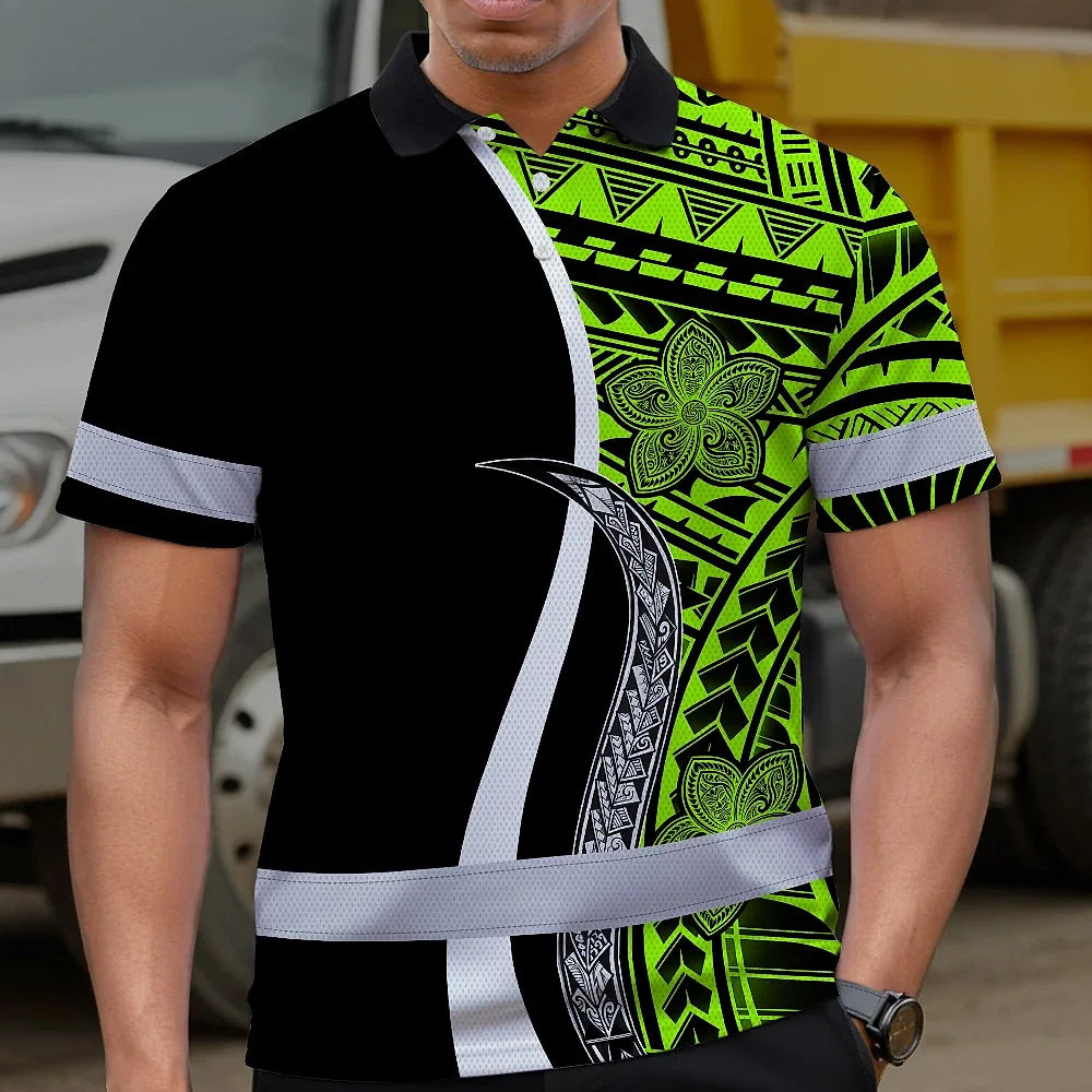Hi Vis Polo Shirt Reflective Tapes White Green Polynesian Tribal Custom Name Safety Workwear For Workers, Truckers, Operators