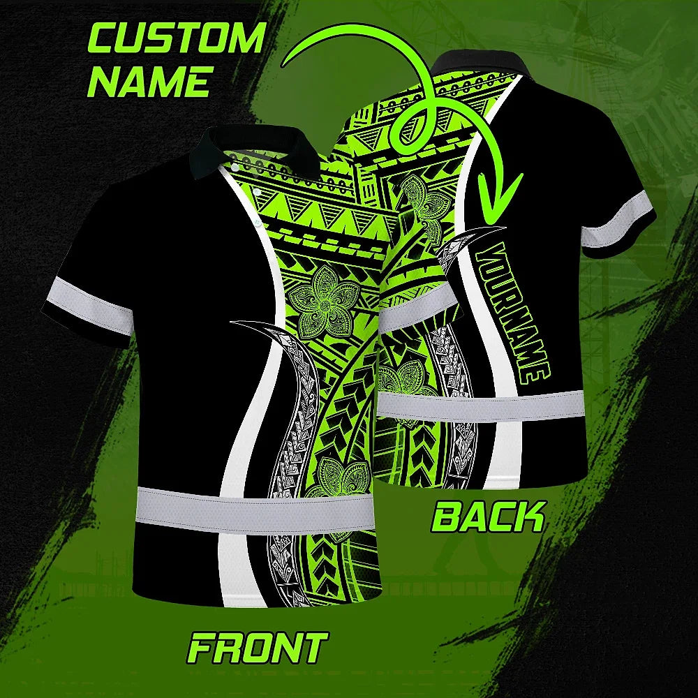 Hi Vis Polo Shirt Reflective Tapes White Green Polynesian Tribal Custom Name Safety Workwear For Workers, Truckers, Operators