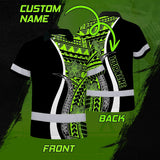 Hi Vis Polo Shirt Reflective Tapes White Green Polynesian Tribal Custom Name Safety Workwear For Workers, Truckers, Operators