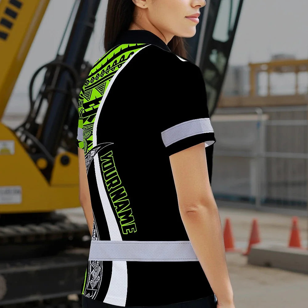 Hi Vis Polo Shirt Reflective Tapes White Green Polynesian Tribal Custom Name Safety Workwear For Workers, Truckers, Operators