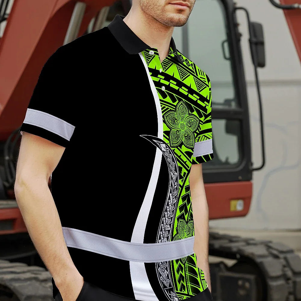 Hi Vis Polo Shirt Reflective Tapes White Green Polynesian Tribal Custom Name Safety Workwear For Workers, Truckers, Operators