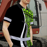 Hi Vis Polo Shirt Reflective Tapes White Green Polynesian Tribal Custom Name Safety Workwear For Workers, Truckers, Operators
