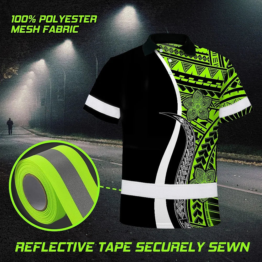 Hi Vis Polo Shirt Reflective Tapes White Green Polynesian Tribal Custom Name Safety Workwear For Workers, Truckers, Operators