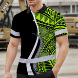 Hi Vis Polo Shirt Reflective Tapes White Green Polynesian Tribal Custom Name Safety Workwear For Workers, Truckers, Operators