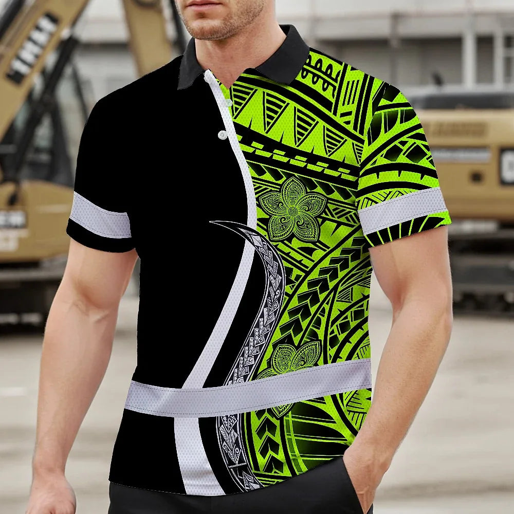 Hi Vis Polo Shirt Reflective Tapes White Green Polynesian Tribal Custom Name Safety Workwear For Workers, Truckers, Operators