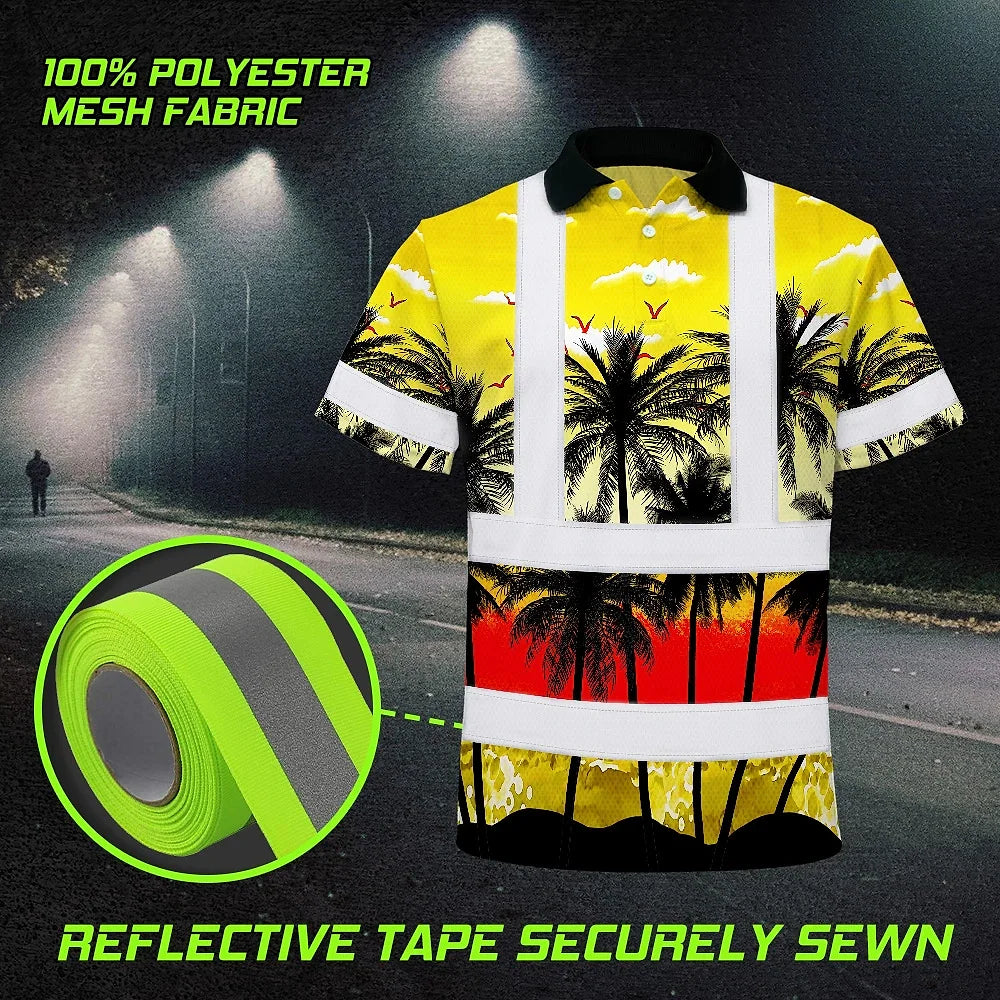 Hi Vis Polo Shirt Reflective Tapes Yellow Coconut Tree Custom Name Safety Workwear For Workers, Truckers, Operators