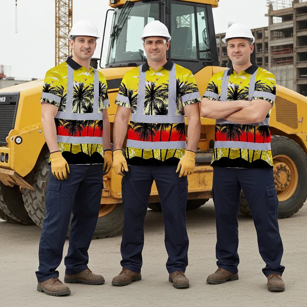 Hi Vis Polo Shirt Reflective Tapes Yellow Coconut Tree Custom Name Safety Workwear For Workers, Truckers, Operators
