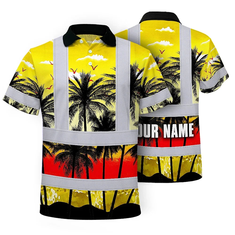 Hi Vis Polo Shirt Reflective Tapes Yellow Coconut Tree Custom Name Safety Workwear For Workers, Truckers, Operators