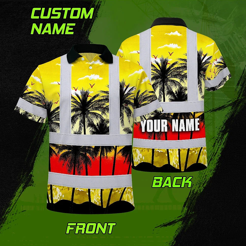 Hi Vis Polo Shirt Reflective Tapes Yellow Coconut Tree Custom Name Safety Workwear For Workers, Truckers, Operators