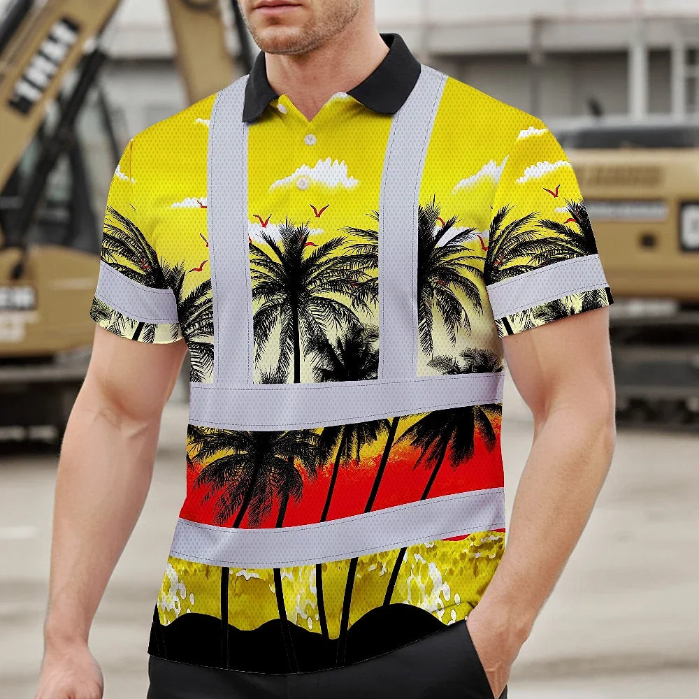 Hi Vis Polo Shirt Reflective Tapes Yellow Coconut Tree Custom Name Safety Workwear For Workers, Truckers, Operators