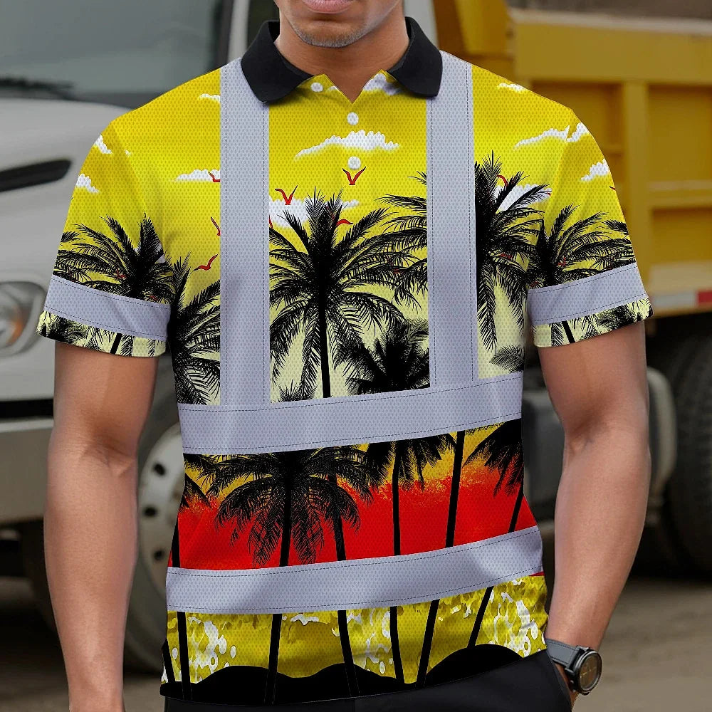 Hi Vis Polo Shirt Reflective Tapes Yellow Coconut Tree Custom Name Safety Workwear For Workers, Truckers, Operators