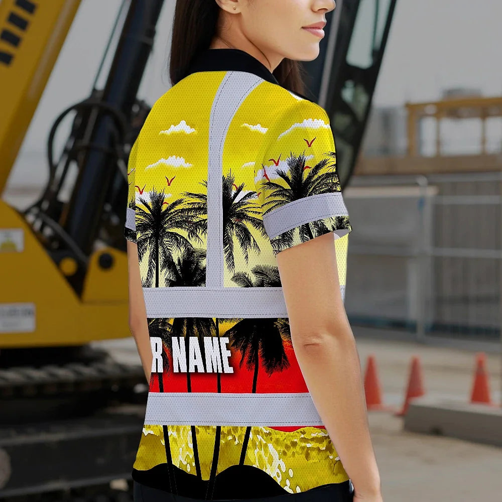 Hi Vis Polo Shirt Reflective Tapes Yellow Coconut Tree Custom Name Safety Workwear For Workers, Truckers, Operators