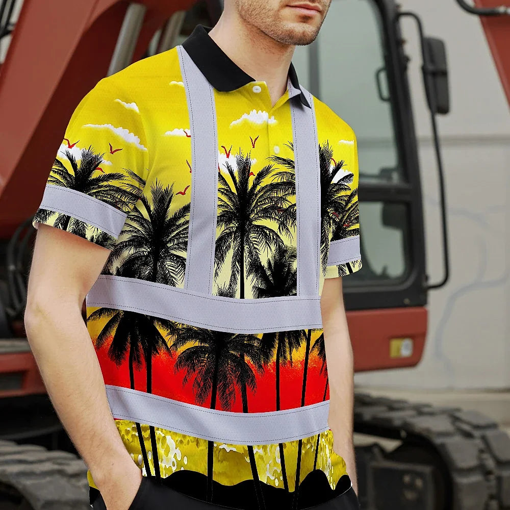Hi Vis Polo Shirt Reflective Tapes Yellow Coconut Tree Custom Name Safety Workwear For Workers, Truckers, Operators
