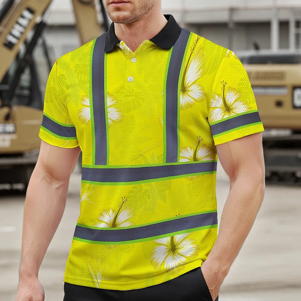 Hi Vis Polo Shirt Reflective Tapes Yellow Neon Custom Name Safety Workwear For Workers, Truckers, Operators