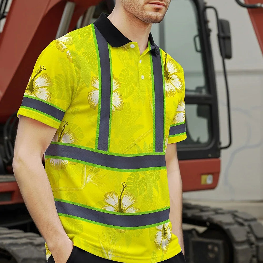 Hi Vis Polo Shirt Reflective Tapes Yellow Neon Custom Name Safety Workwear For Workers, Truckers, Operators