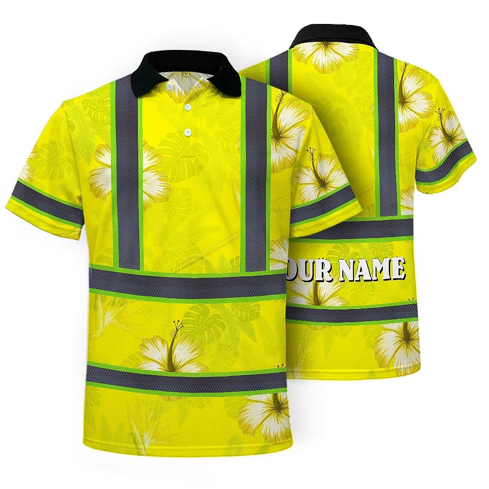 Hi Vis Polo Shirt Reflective Tapes Yellow Neon Custom Name Safety Workwear For Workers, Truckers, Operators