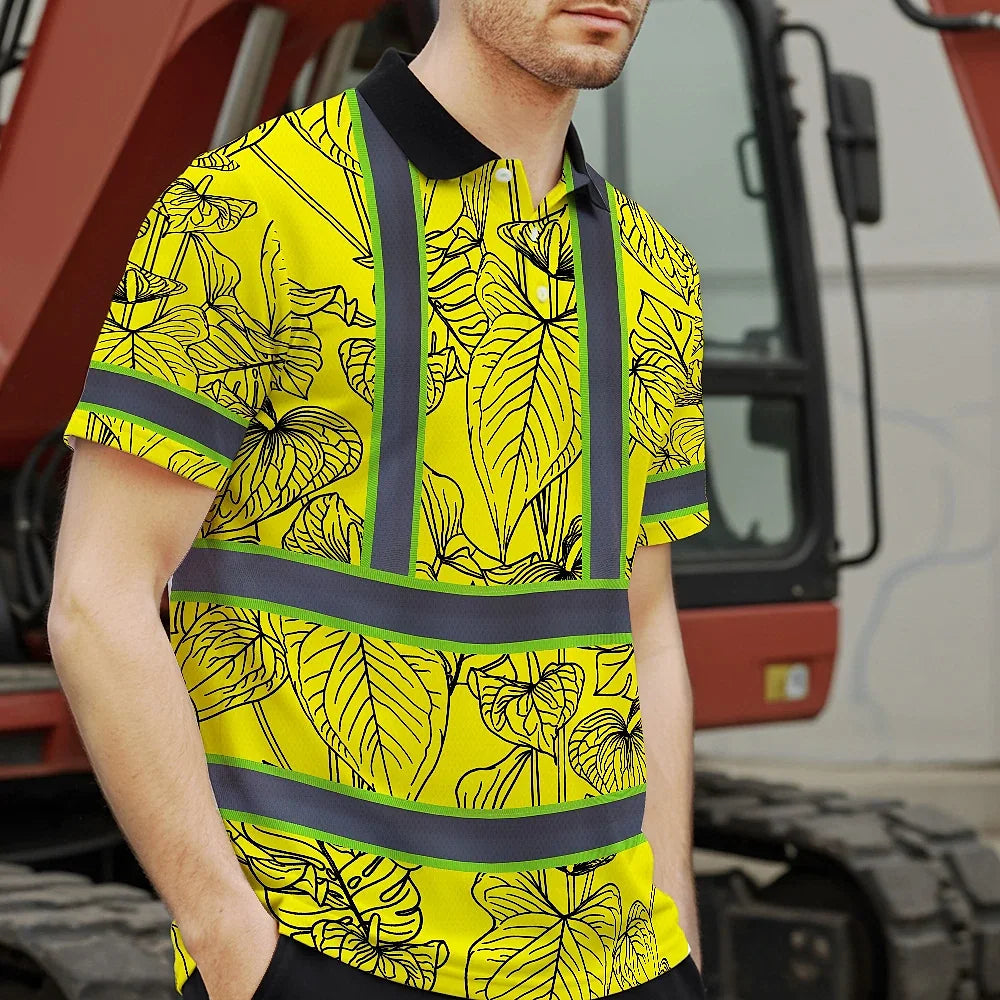 Hi Vis Polo Shirt Reflective Tapes Yellow Neon Flowers Custom Name Safety Workwear For Workers, Truckers, Operators