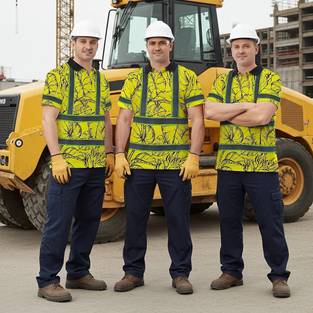 Hi Vis Polo Shirt Reflective Tapes Yellow Neon Flowers Custom Name Safety Workwear For Workers, Truckers, Operators