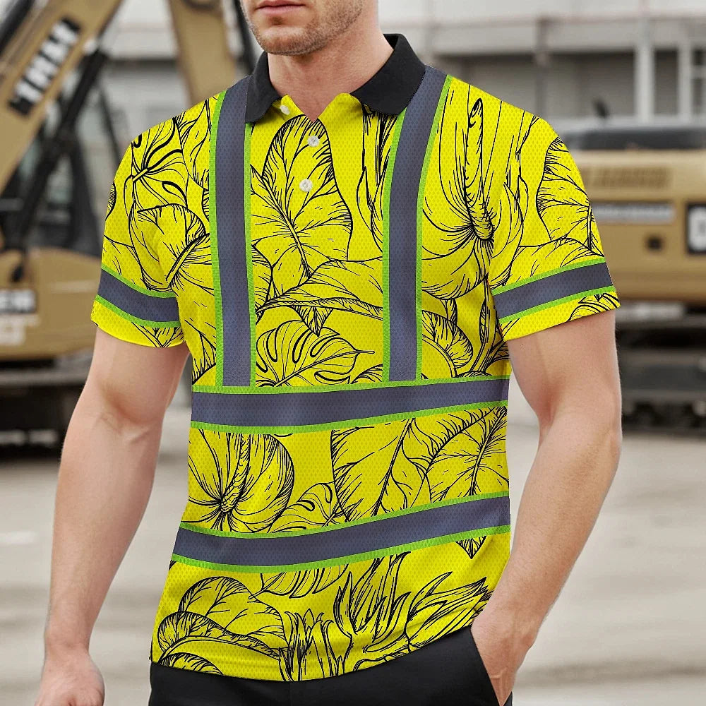 Hi Vis Polo Shirt Reflective Tapes Yellow Neon Flowers Custom Name Safety Workwear For Workers, Truckers, Operators