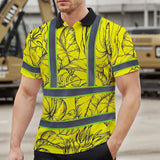 Hi Vis Polo Shirt Reflective Tapes Yellow Neon Flowers Custom Name Safety Workwear For Workers, Truckers, Operators
