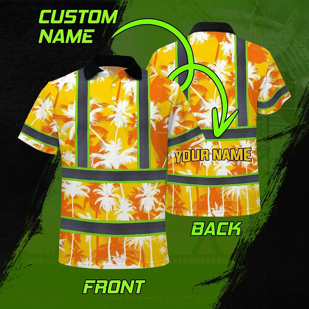Hi Vis Polo Shirt Reflective Tapes Yellow Neon Flowers Custom Name Safety Workwear For Workers, Truckers, Operators