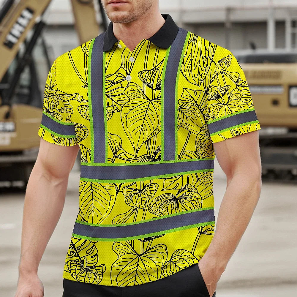 Hi Vis Polo Shirt Reflective Tapes Yellow Neon Flowers Custom Name Safety Workwear For Workers, Truckers, Operators