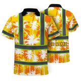 Hi Vis Polo Shirt Reflective Tapes Yellow Neon Flowers Custom Name Safety Workwear For Workers, Truckers, Operators
