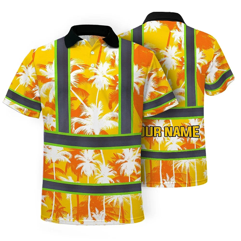 Hi Vis Polo Shirt Reflective Tapes Yellow Neon Flowers Custom Name Safety Workwear For Workers, Truckers, Operators