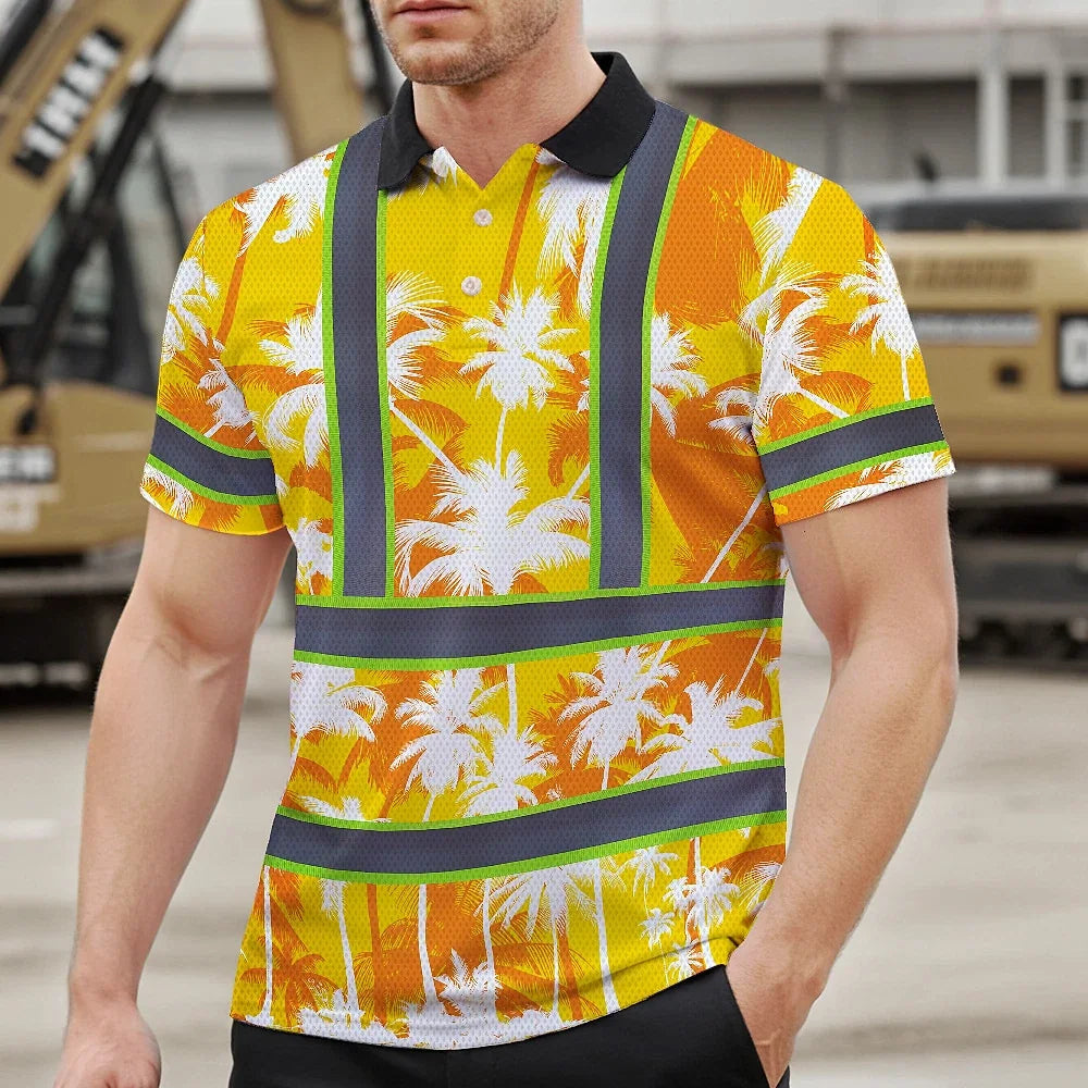 Hi Vis Polo Shirt Reflective Tapes Yellow Neon Flowers Custom Name Safety Workwear For Workers, Truckers, Operators