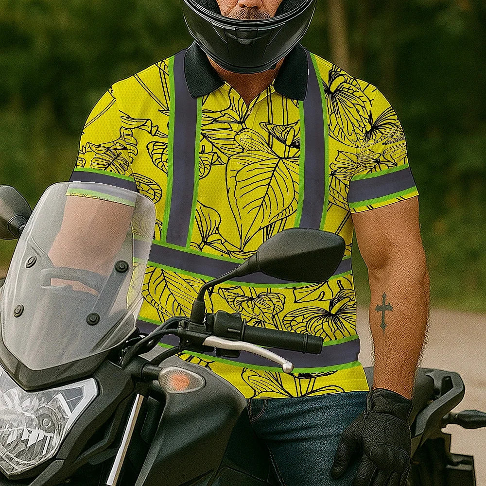 Hi Vis Polo Shirt Reflective Tapes Yellow Neon Flowers Custom Name Safety Workwear For Workers, Truckers, Operators