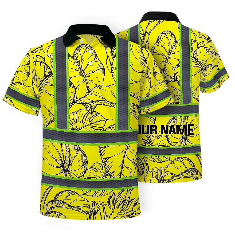 Hi Vis Polo Shirt Reflective Tapes Yellow Neon Flowers Custom Name Safety Workwear For Workers, Truckers, Operators