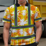 Hi Vis Polo Shirt Reflective Tapes Yellow Neon Flowers Custom Name Safety Workwear For Workers, Truckers, Operators