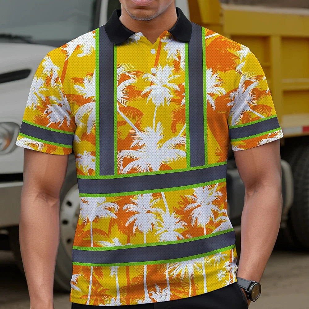 Hi Vis Polo Shirt Reflective Tapes Yellow Neon Flowers Custom Name Safety Workwear For Workers, Truckers, Operators