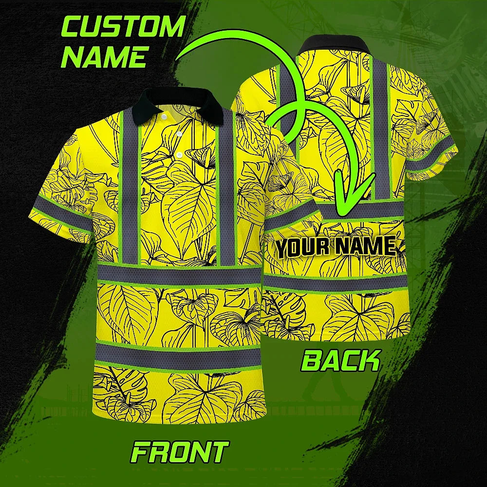 Hi Vis Polo Shirt Reflective Tapes Yellow Neon Flowers Custom Name Safety Workwear For Workers, Truckers, Operators