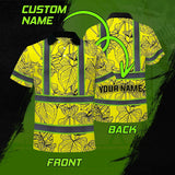 Hi Vis Polo Shirt Reflective Tapes Yellow Neon Flowers Custom Name Safety Workwear For Workers, Truckers, Operators