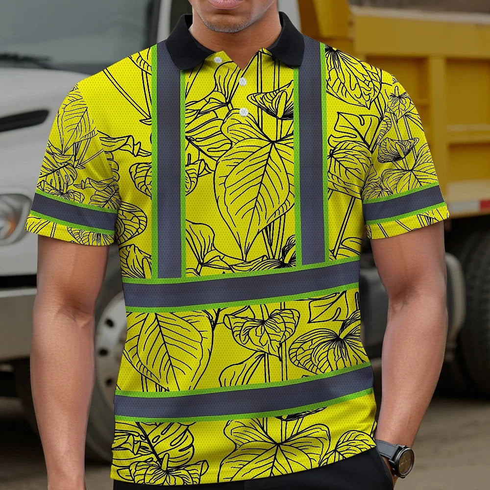 Hi Vis Polo Shirt Reflective Tapes Yellow Neon Flowers Custom Name Safety Workwear For Workers, Truckers, Operators