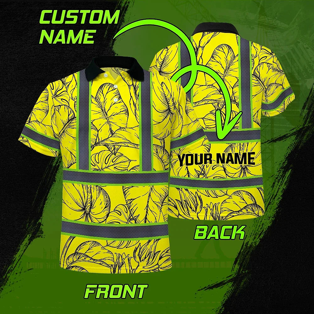 Hi Vis Polo Shirt Reflective Tapes Yellow Neon Flowers Custom Name Safety Workwear For Workers, Truckers, Operators