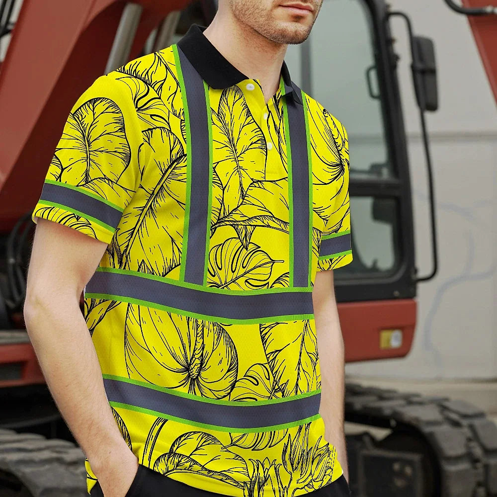Hi Vis Polo Shirt Reflective Tapes Yellow Neon Flowers Custom Name Safety Workwear For Workers, Truckers, Operators