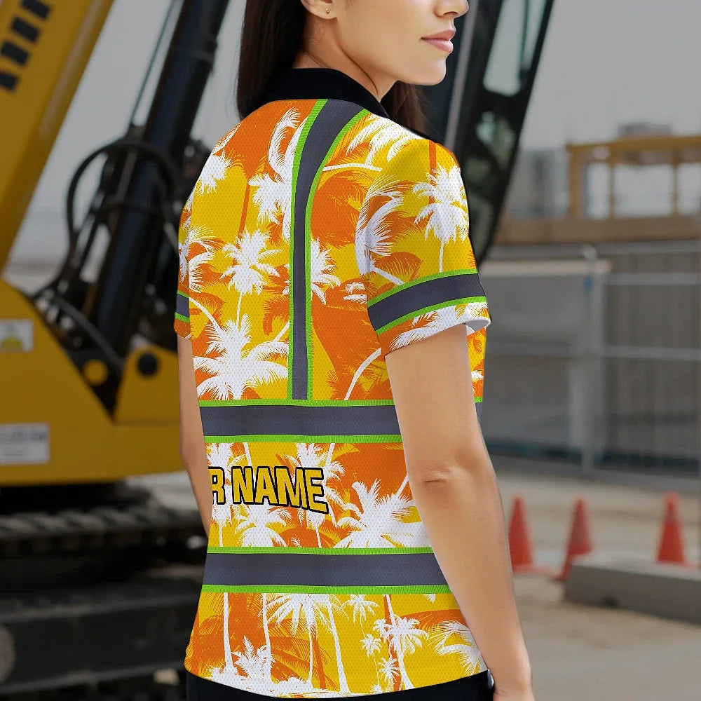 Hi Vis Polo Shirt Reflective Tapes Yellow Neon Flowers Custom Name Safety Workwear For Workers, Truckers, Operators