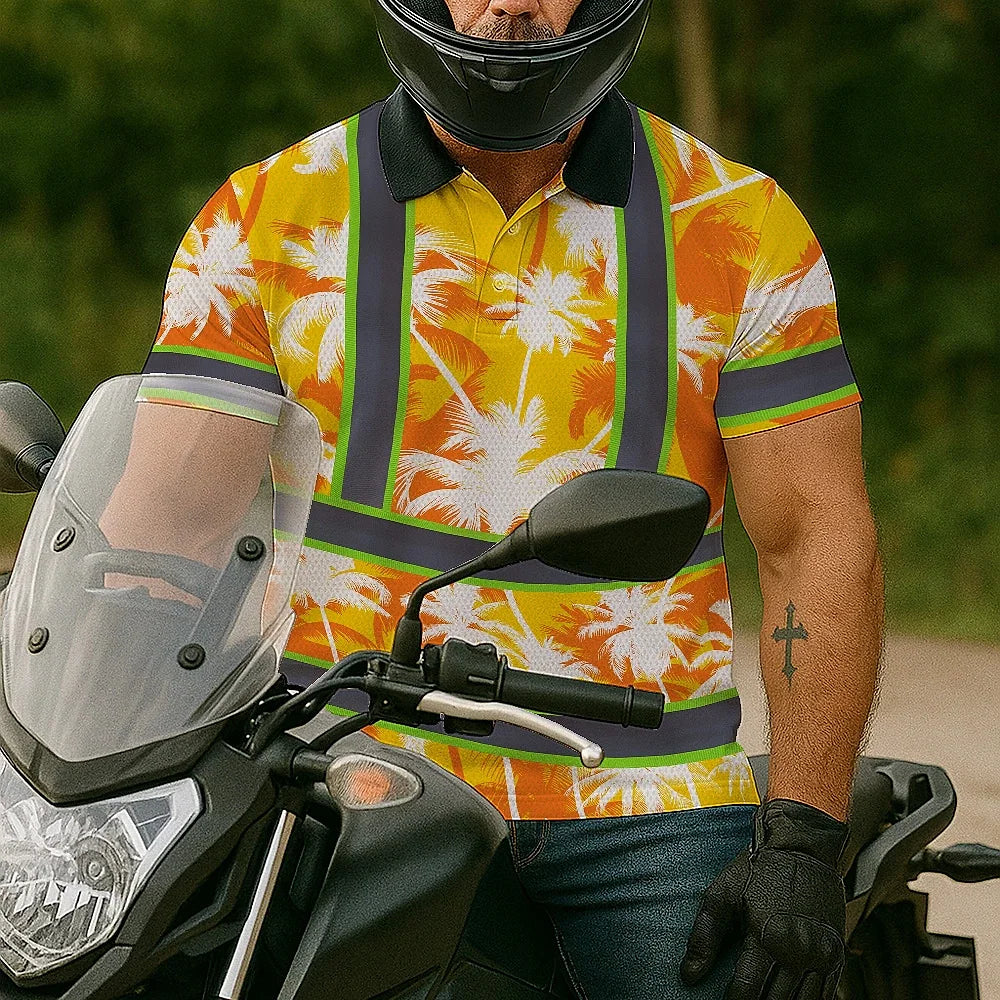 Hi Vis Polo Shirt Reflective Tapes Yellow Neon Flowers Custom Name Safety Workwear For Workers, Truckers, Operators