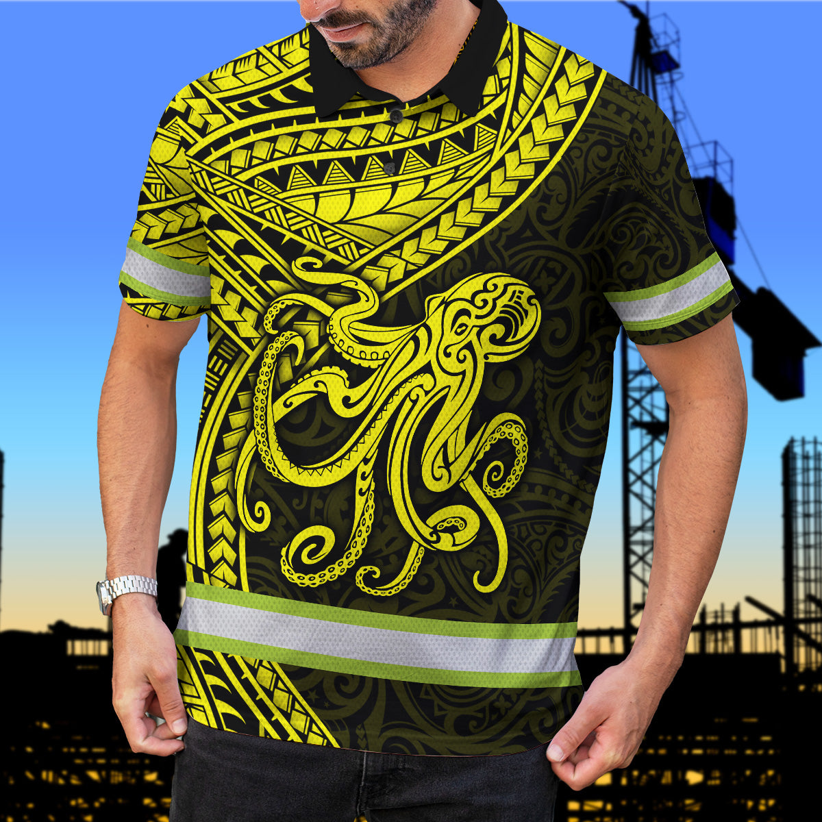 Hi Vis Polo Shirt Reflective Tapes Yellow Neon Hawaii Octopus